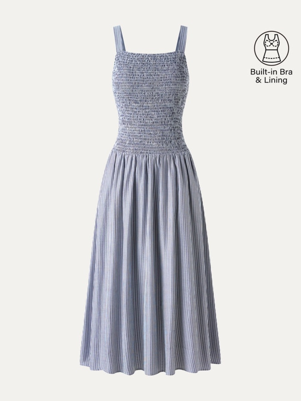 OGL Striped Poplin Square Neck Smocked Midi Bra Dress in Navy/ White Stripe